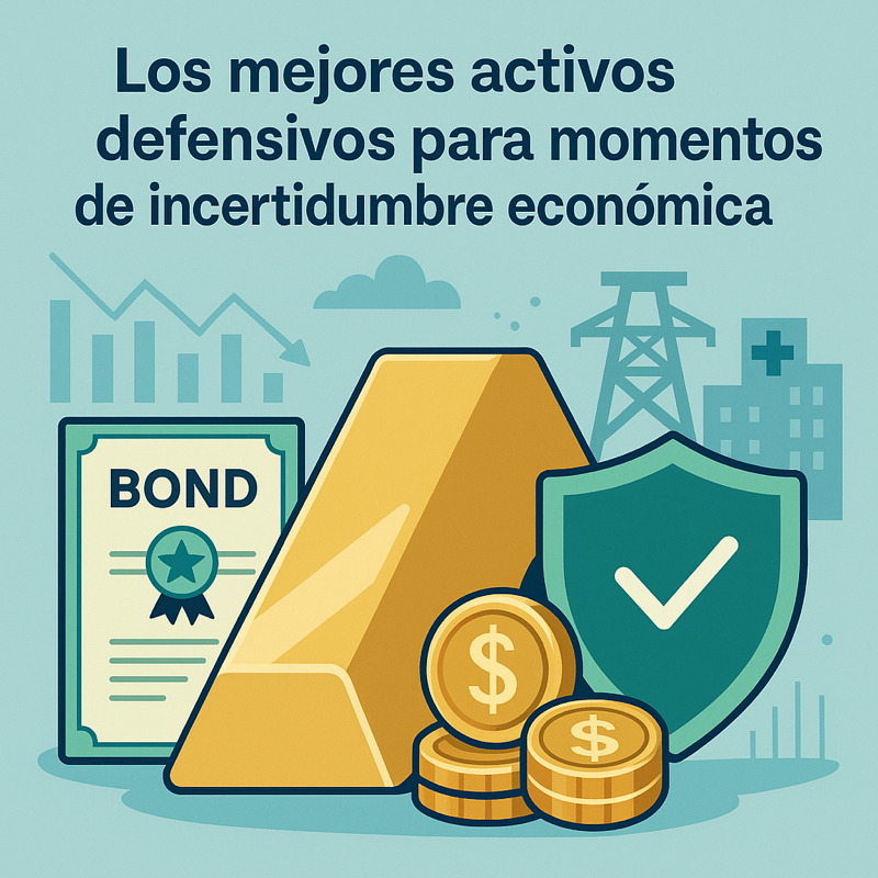 Ilustración de activos defensivos como oro, bonos y sectores esenciales