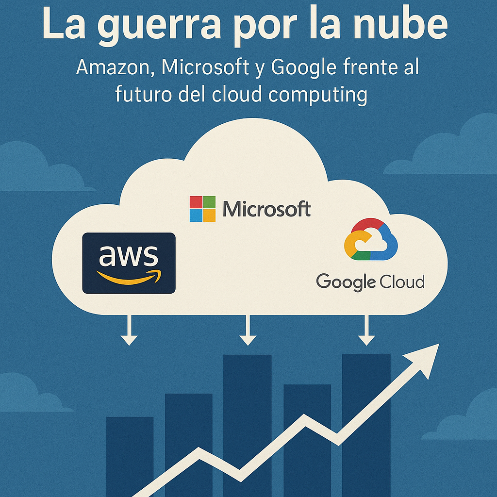 Ilustración comparativa sobre la guerra por la nube entre Amazon, Microsoft y Google