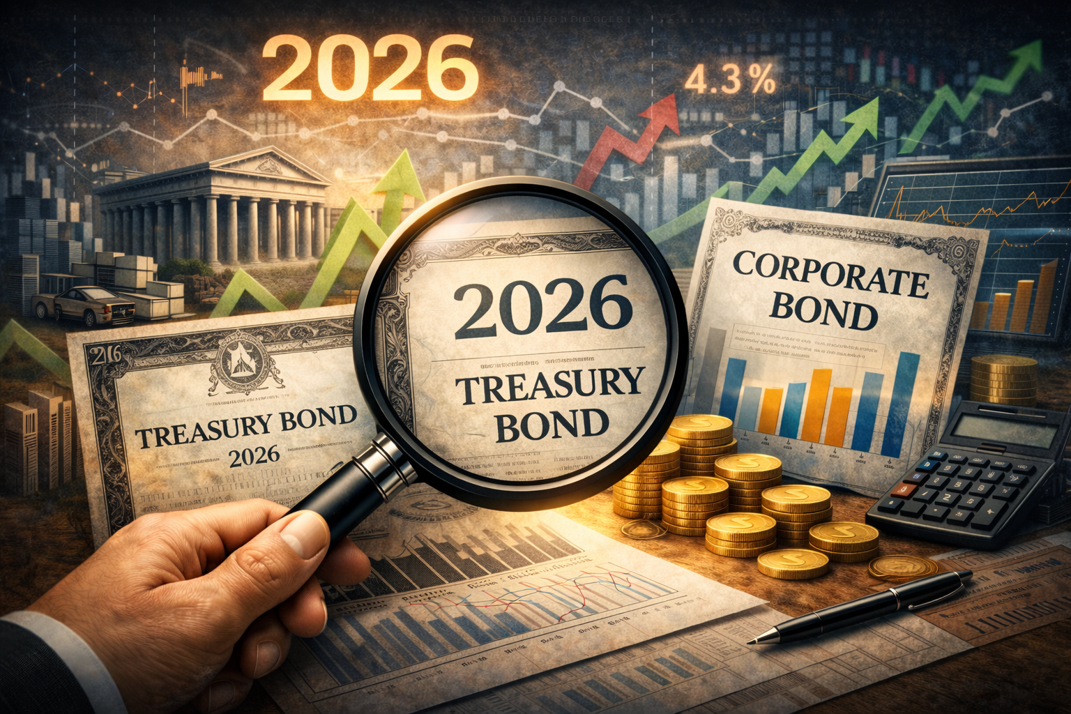 Ilustración conceptual sobre renta fija, bonos y rentabilidad en 2026