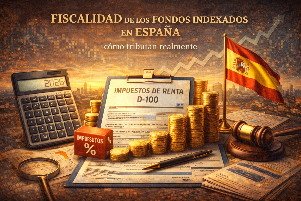 Ilustración conceptual sobre fiscalidad de fondos indexados en España y cálculo de impuestos