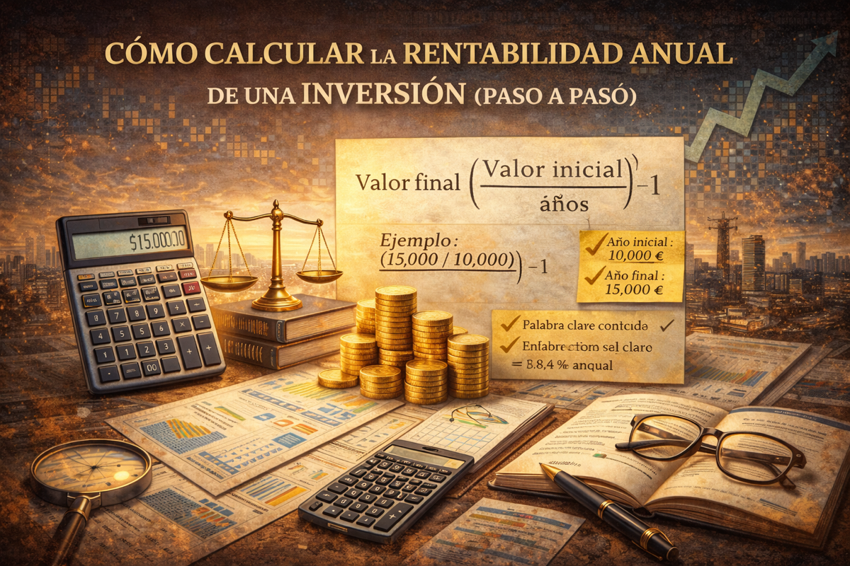 Ilustración conceptual sobre cálculo de rentabilidad anual de una inversión con fórmulas financieras