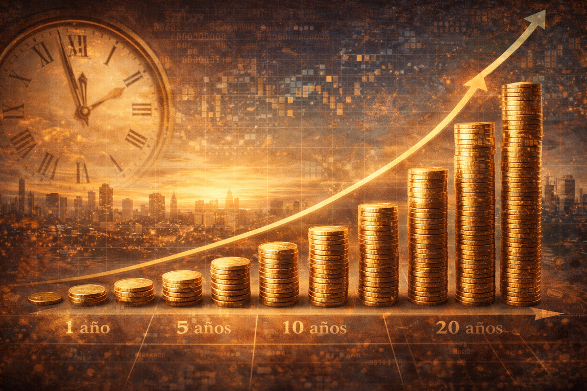 Ilustración conceptual sobre interés compuesto y crecimiento exponencial del capital