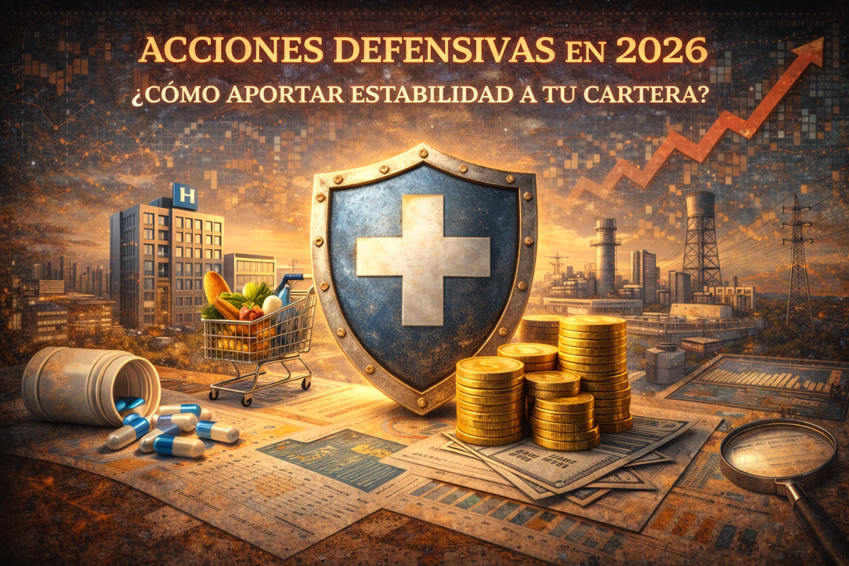 Ilustración conceptual sobre acciones defensivas y estabilidad de cartera en 2026