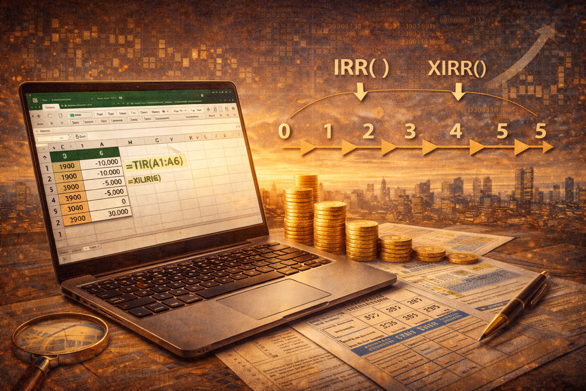 Ilustración conceptual sobre cálculo de la TIR de una inversión con Excel y flujos de caja