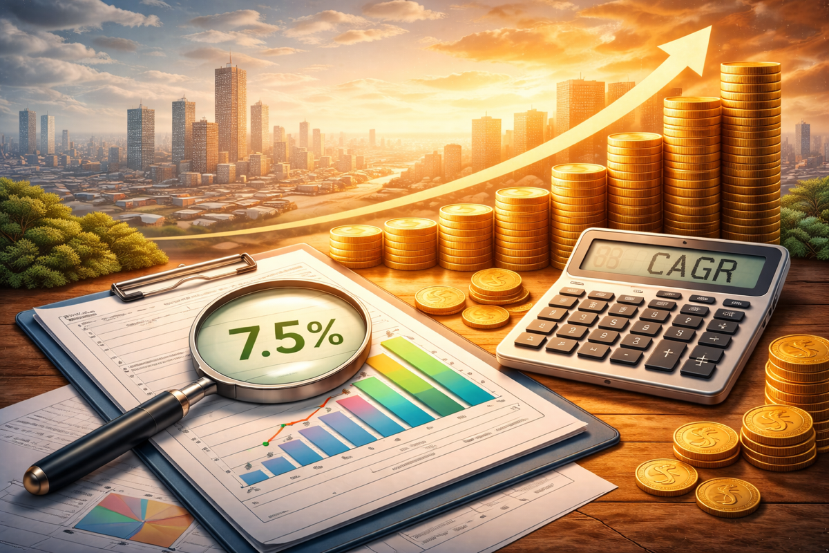 Ilustración conceptual que muestra el cálculo de la rentabilidad anual de una inversión con gráficos financieros