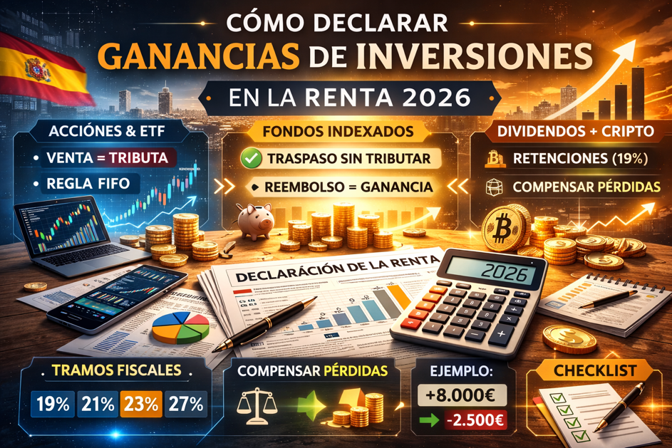 Guía completa para declarar inversiones en la Renta 2026 en España: ETF, fondos, acciones, dividendos, FIFO y compensación de pérdidas paso a paso.