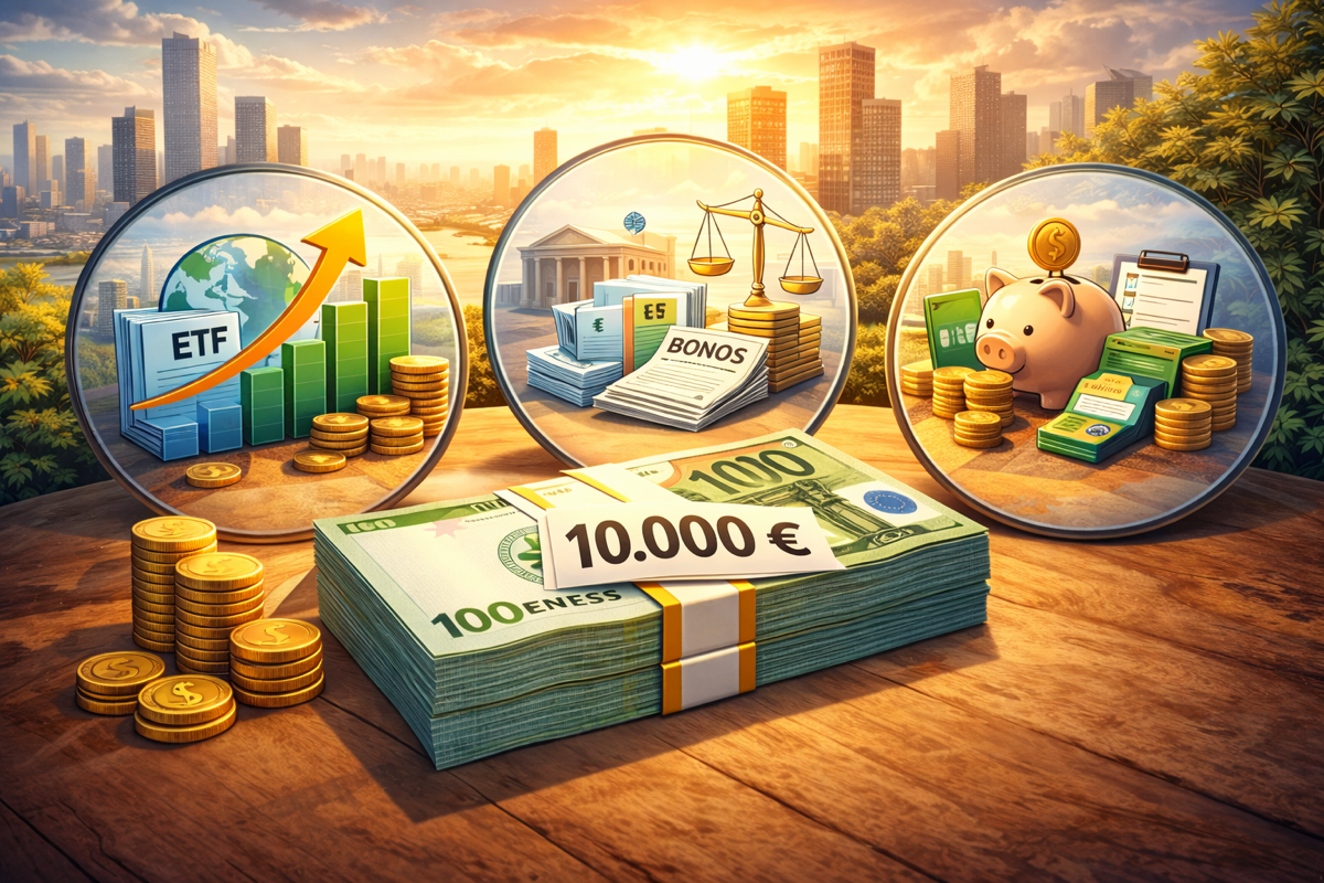 Ilustración conceptual que muestra cómo invertir 10.000 euros en una cartera diversificada