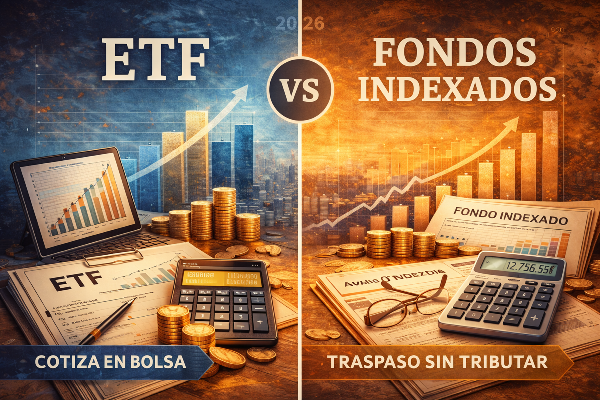 ETF vs fondos indexados en España: analiza diferencias reales, costes y fiscalidad en 2026 con ejemplos prácticos y simulaciones comparativas.