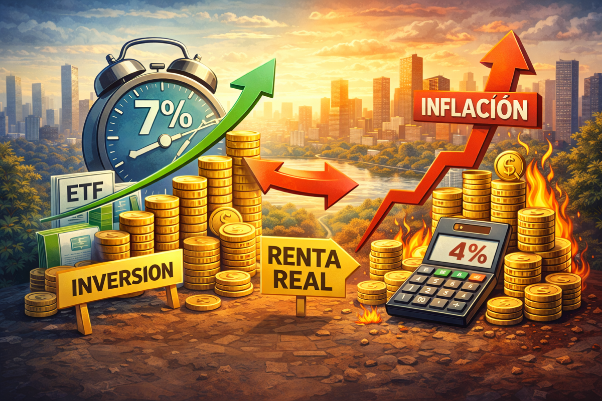 Ilustración conceptual que muestra el impacto de la inflación en la rentabilidad real de una inversión
